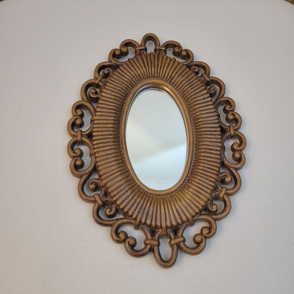 VINTAGE Faux Wood Oval Mirror with Intricate Scrollwork - Picture 1 of 5